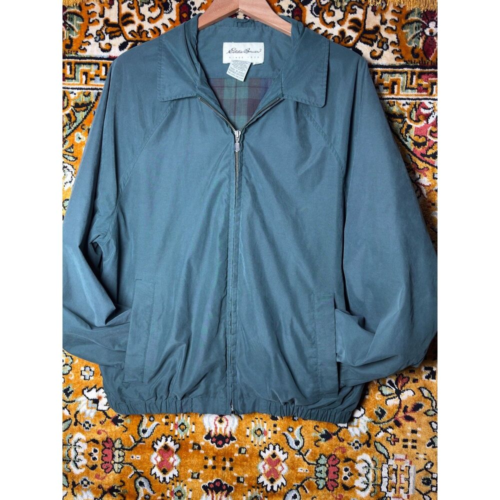 90s Vintage Eddie Bauer Hunter Green Harrington Jacket Plaid Lining sz Medium